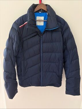Rossignol Men's Navy Puffer Jacket with Red & White Shoulder Stripe